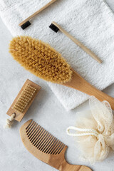 Fototapeta na wymiar Zero waste bath accessories with massage brush. Cosmetic spa products