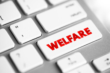 Welfare is a type of government support intended to ensure that members of a society can meet basic human needs, text concept button on keyboard - obrazy, fototapety, plakaty