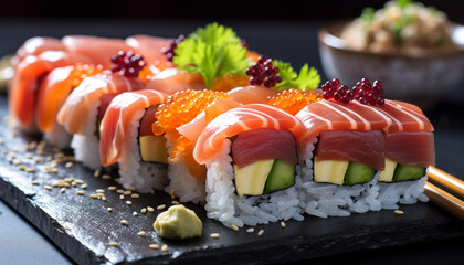 Freshness and cultures on a plate of sushi generated by AI