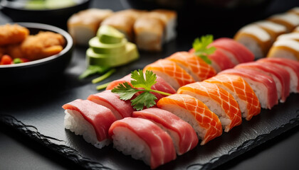 Freshness and variety on a plate of sushi generated by AI