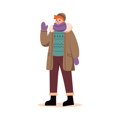 Vector illustration of a boy in a warm coat and mittens with a scarf on a white background.