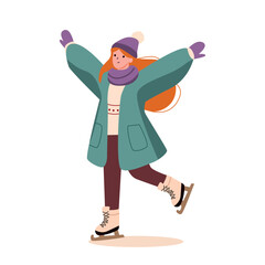 Happy young woman in winter clothes skating on ice rink vector Illustration