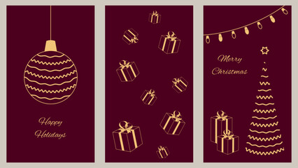 Corporate holiday cards with congratulations and wishes. Universal template. Christmas and New Year. Vector illustration in traditional red color.