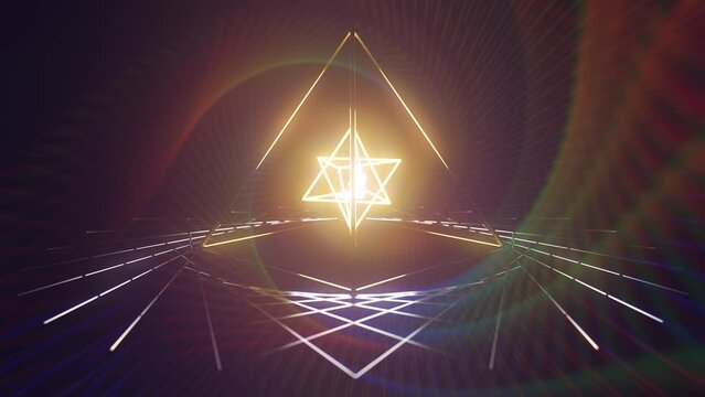 3D illustration of a meditating yogi inside a pyramid and astral projection of sacred energy