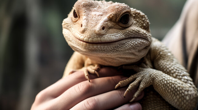 A small lizard lovingly embraces a person's thumb in this heartwarming image.