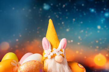 Colorful decorated Easter rabbit , eggs on blue and orange background. Spring and Easter concept.
