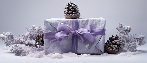 winter gift with purple ribbon with pinecones on a white background and snowflakes