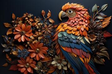 Paper craft style dimensional illustration of parrot in a tropical setting