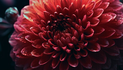 Vibrant petals of a single dahlia, wet with dew drops generated by AI