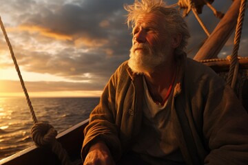 A close-up portrait of a weathered sailor with a rugged beard against the backdrop of the ocean and a captivating sunset - obrazy, fototapety, plakaty