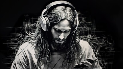 jesus_wearing_headphones_drawn_with_white_ink_on black paper - Powered by Adobe
