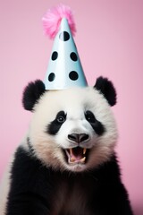 A cute panda wears a colourful party hat, celebrating evoking joy and festivity