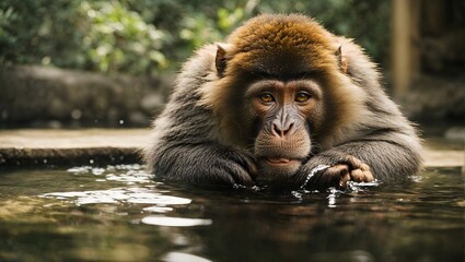 a monkey drinks water from a pool of water ai generated