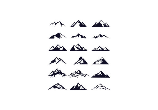 Mountain logo flat vector illustration set. logo stamp collection of rocky mountain top peaks, camping outdoor adventure	
