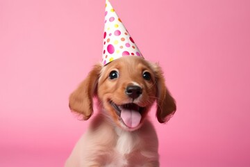 A cute puppy wears a colorful party hat, evoking joy and festivity