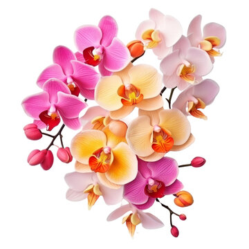 Orchid flowers, red, white, yellow, orange, pink, with green stems.