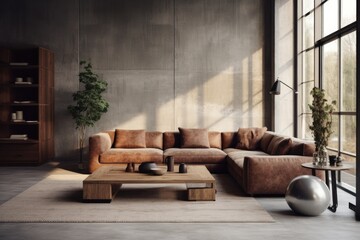 This is a modern living room with an industrial aesthetic. The luxurious brown leather sofa and stylish coffee table are complemented by elegant decor and ambient lighting.