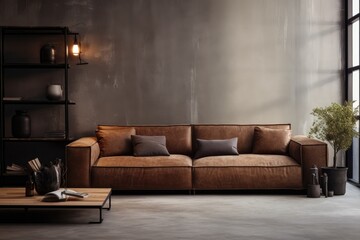 Fototapeta premium This is a modern living room with an industrial aesthetic. The luxurious brown leather sofa and stylish coffee table are complemented by elegant decor and ambient lighting.