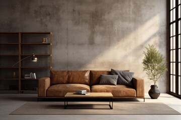 This is a modern living room with an industrial aesthetic. The luxurious brown leather sofa and stylish coffee table are complemented by elegant decor and ambient lighting.