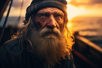 A close-up portrait of a weathered sailor with a rugged beard against the backdrop of the ocean and a captivating sunset