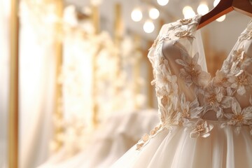 Exquisite bridal gowns on display in shop, featuring delicate lace and beading details, set against a backdrop of soft, glowing lights in an upscale boutique