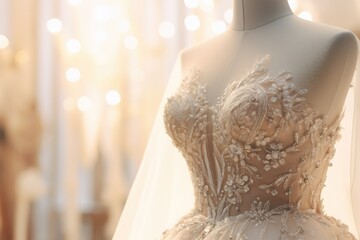 Exquisite bridal gowns on display in shop, featuring delicate lace and beading details, set against a backdrop of soft, glowing lights in an upscale boutique
