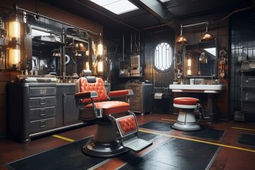 Vintage Elegance: Sunlit Barber Shop with Classic Red Leather Chair - obrazy, fototapety, plakaty