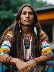 Retrato de hombre joven nativo americano, en escena contemporánea vestido de forma  tradicional 