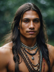 Retrato de hombre joven nativo americano, escena contemporánea. Modelaje - obrazy, fototapety, plakaty