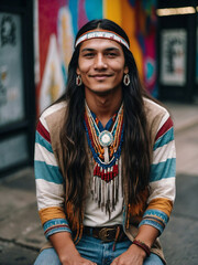 Retrato de hombre joven nativo americano de aspecto no normativo  - obrazy, fototapety, plakaty