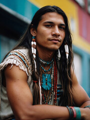 Retrato de hombre joven nativo americano, escena contemporánea. Integración étnica y cultural. - obrazy, fototapety, plakaty