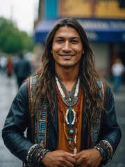 Retrato de hombre joven nativo americano, sonriente con chaqueta vaquera en escena contemporánea en el centro de la ciudad