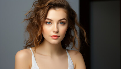Naklejka premium Beautiful young woman with curly brown hair smiling generated by AI