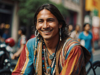 Retrato de hombre joven indio nativo americano, navajo, cherokee, escena contemporánea - obrazy, fototapety, plakaty