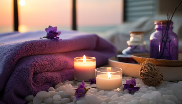 Relaxation in luxury, candlelight flickers, nature tranquility generated by AI