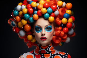 Clown lady with colorful balls in hair.
