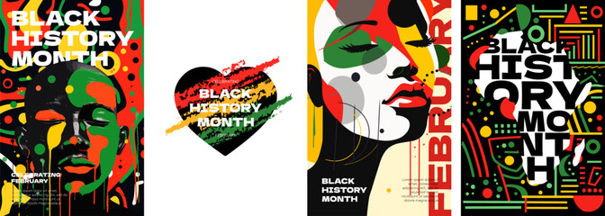 Black History Month abstract graphic poster set. African American civil rights and culture celebrating. Modern art print with person of color. Africa man and woman on afro flag colors pattern. Vector - obrazy, fototapety, plakaty