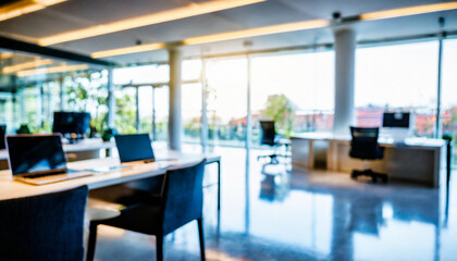 Beautiful blurred background of a light modern office interior with and beautiful lighting in a sunny day - obrazy, fototapety, plakaty
