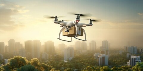 Aerial view of a delivery drone flying over a residential area with a package, showcasing modern delivery technology