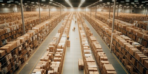 Fototapeta premium Aerial view of a vast warehouse floor with rows of shelves stocked with packages, depicting organized package management