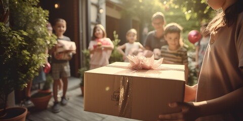 Image of a delivery package on a home porch with joyful children in the background celebrating its arrival
