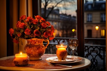 Romantic Setting with Candles, Flowers, and Dinner Table Decorations for Warm and Cozy Atmosphere