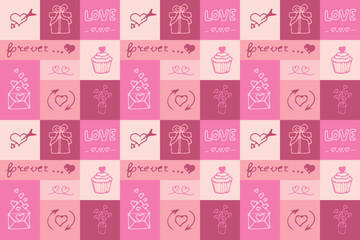 Valentine's Day seamless pattern in doodle style in squares. Print for wallpaper, stationary, wrapping paper, textile prints, packaging, etc. Vector illustration