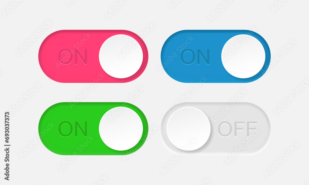 Poster on and off switch buttons on an isolated background. set of switch buttons in different colors with 