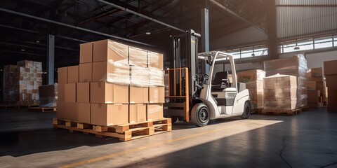 Image of a forklift loading packages onto a delivery truck in a warehouse loading dock, showcasing efficient logistics operations