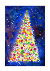 Christmas tree  greeting card. Watercolor illustration.