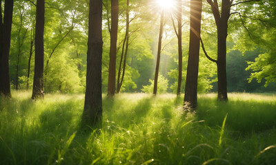 Fototapeta na wymiar Defocused green trees in forest or park with wild grass and sun beams. Beautiful summer spring natural background