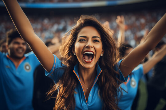 Enthusiastic woman in blue shirt, fan cheering for victory in a sports competition. Diverse team spirit. Generative ai image
