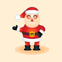 Cartoon Christmas illustration on background.  Santa Claus character, showing something with his hand. For Christmas cards, banners, tags and labels.