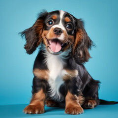 Free photo spaniel puppy playing in studio. cute doggy or pet is sitting isolated on blue background. the cavalier king